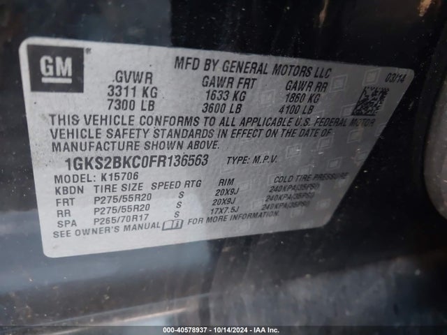 1GKS2BKC0FR136563 GMC YUKON SLT