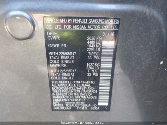 KNMAT2MT7GP651137 Nissan ROGUE SV