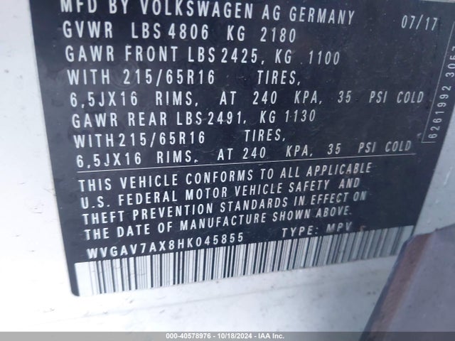 WVGAV7AX8HK045855 Volkswagen Tiguan 2.0t/2.0t S