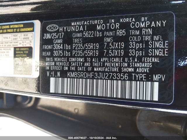 Hyundai Santa Fe Limited Ultimate 2018 KM8SRDHF3JU273356 Image 9