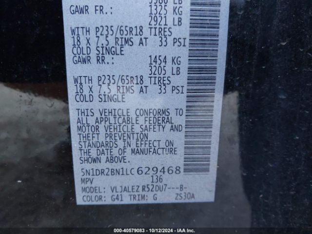 5N1DR2BN1LC629468 Nissan Pathfinder Sv 2wd