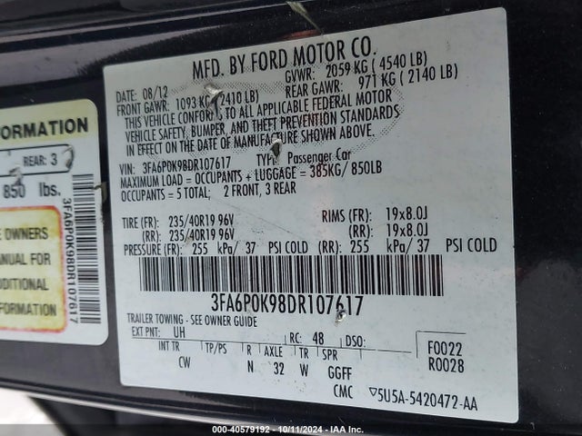 Aukcja sprzedaży 2013 Ford Fusion Titanium, vin: 3FA6P0K98DR107617, numer aukcji: 40579192