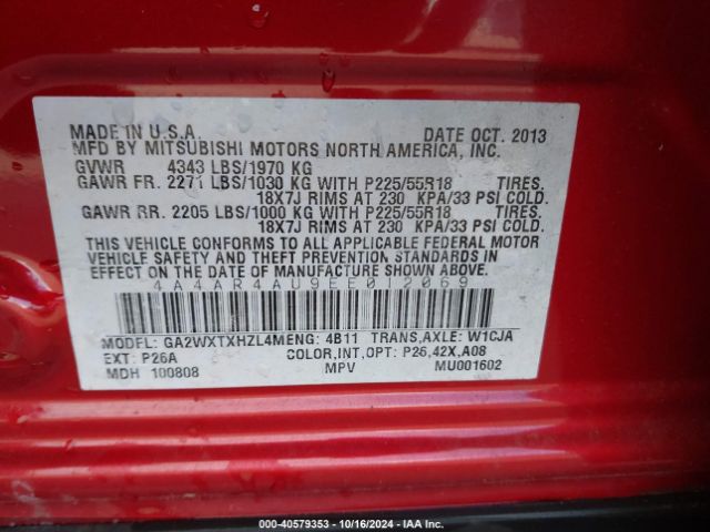 4A4AR4AU9EE012069 Mitsubishi Outlander Sport Se