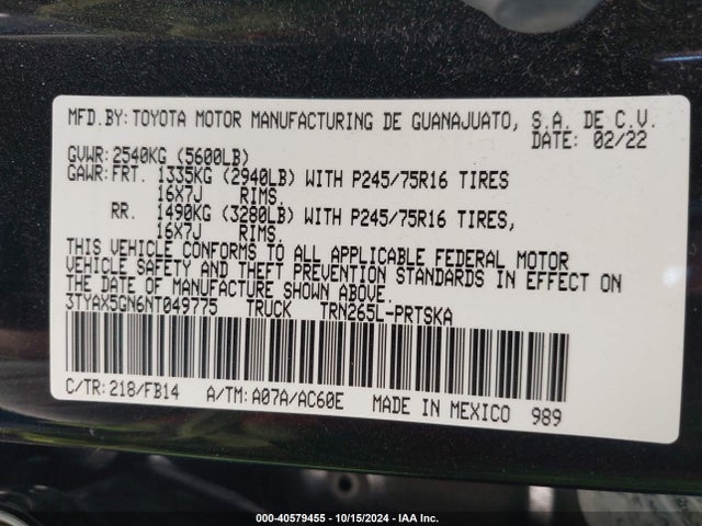 Toyota Tacoma Sr 2022 3TYAX5GN6NT049775 Image 9