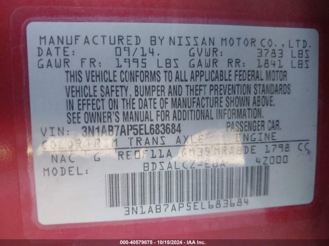 Nissan SENTRA S 2014 3N1AB7AP5EL683684 Image 9