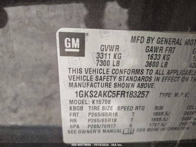 1GKS2AKC5FR183257 GMC YUKON SLE