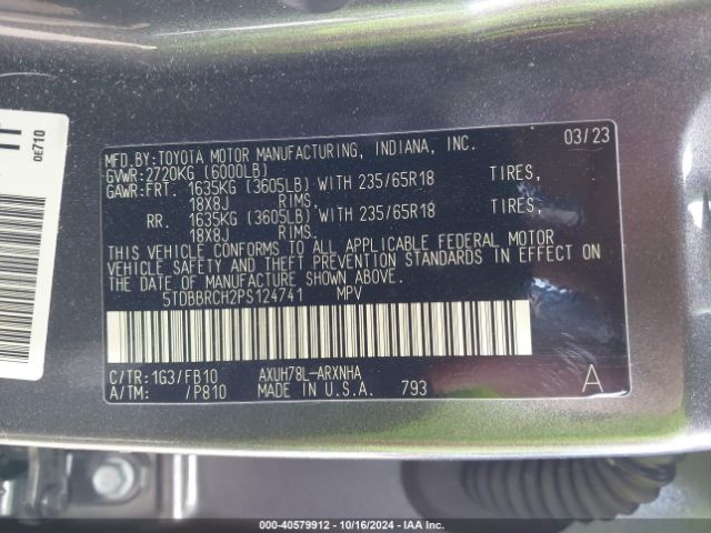 5TDBBRCH2PS124741 Toyota Highlander Hybrid Le