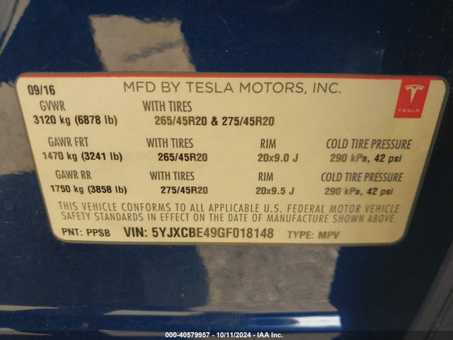 2016 TESLA MODEL X 5YJXCBE49GF018148 Photo 8