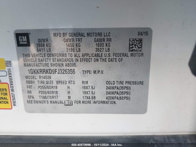 GMC Acadia Slt-1 2015 1GKKRRKD9FJ326356 Image 9