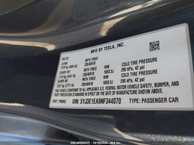 5YJ3E1EA9NF344070 Tesla Model 3 Rear-wheel Drive