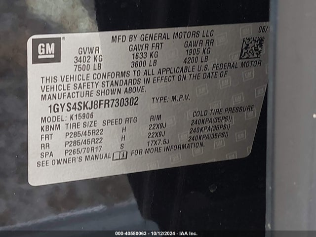 1GYS4SKJ8FR730302 Cadillac Escalade Esv Luxury