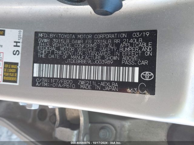 JTDEBRBE9LJ003989 Toyota Corolla Hybrid Le