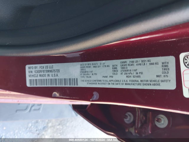 1C6SRFBT8MN675720 RAM 1500 Big Horn  4x4 6'4 Box