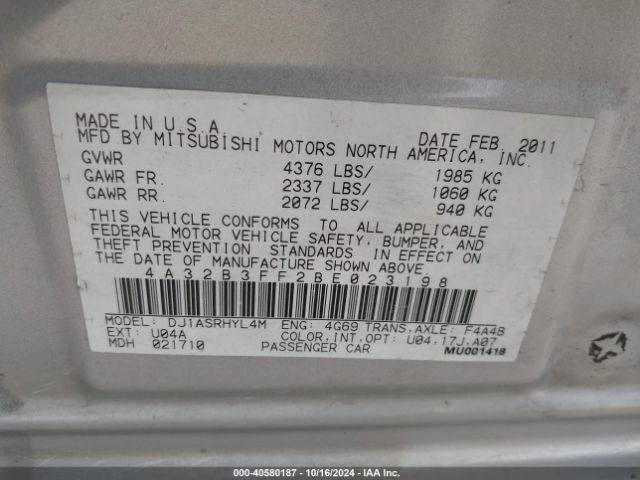2011 MITSUBISHI GALANT 4A32B3FF2BE023198 Photo 8