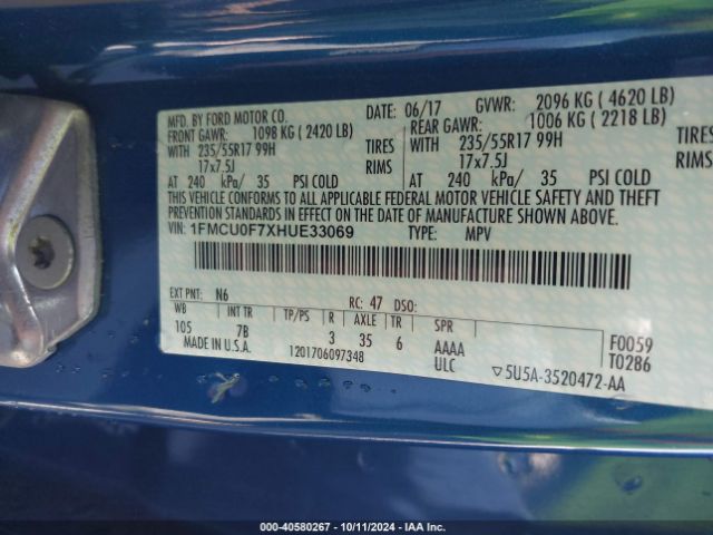 1FMCU0F7XHUE33069 Ford ESCAPE S
