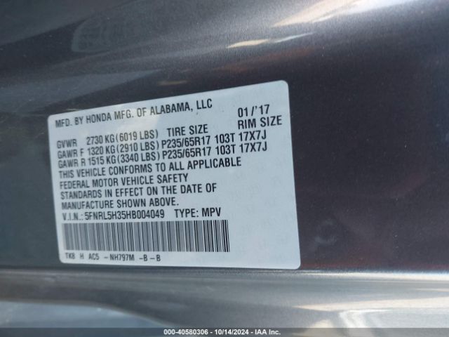 5FNRL5H35HB004049 Honda ODYSSEY SE
