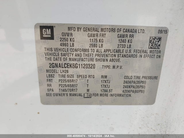 Chevrolet EQUINOX LT 2016 2GNALCEK6G1120320 Image 9
