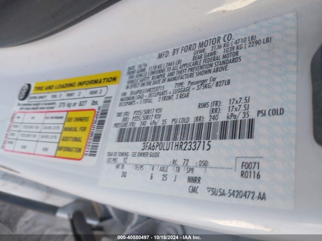 Ford Fusion Hybrid Se 2017 3FA6P0LU1HR233715 Image 9