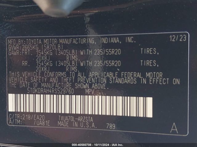 5TDKDRAH4RS529760 Toyota Highlander Xse
