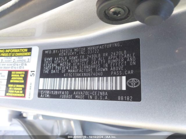 4T1C11AKXNU674040 Toyota CAMRY LE