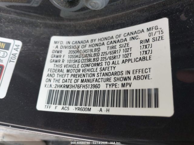 2HKRM3H76FH513960 Honda Cr-v Ex-l
