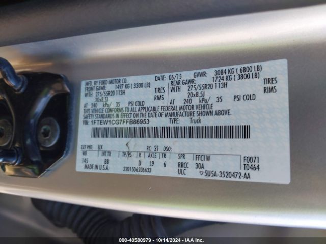1FTEW1CG7FFB86953 Ford F-150 Platinum