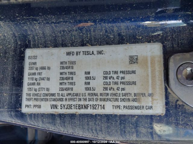 2022 TESLA MODEL 3 5YJ3E1EBXNF192714 Photo 8