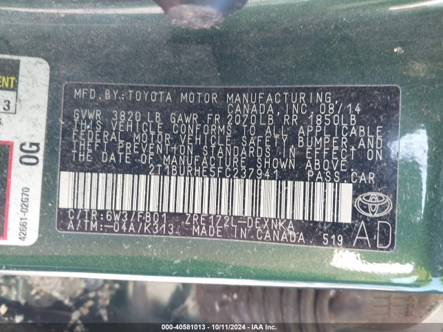 Toyota Corolla Le Plus 2015 2T1BURHE5FC237941 Image 9