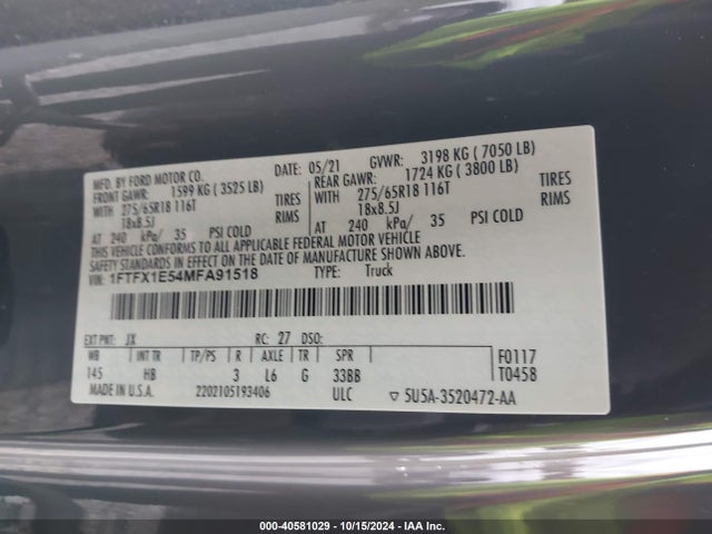 Ford F-150 Lariat 2021 1FTFX1E54MFA91518 Image 9