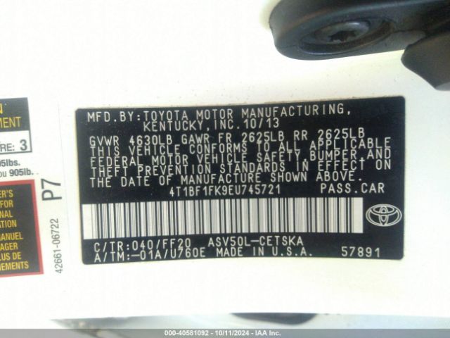 4T1BF1FK9EU745721 Toyota CAMRY SE