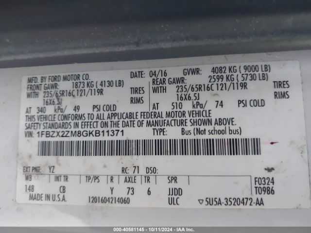 1FBZX2ZM8GKB11371 Ford Transit-350 Xlt