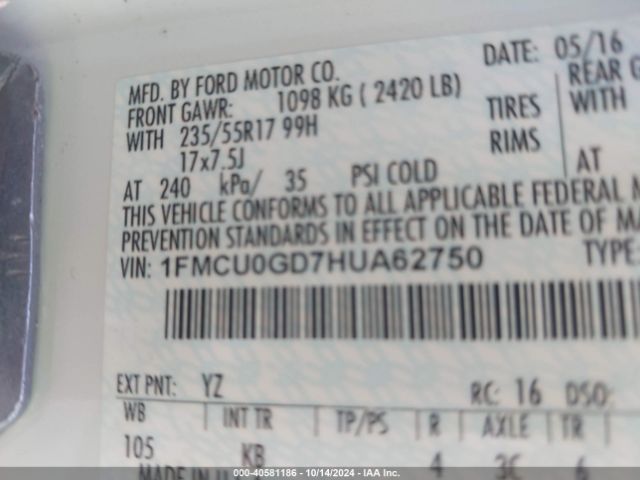1FMCU0GD7HUA62750 Ford ESCAPE SE