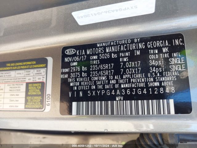 5XYPG4A36JG412848 KIA Sorento 2.4l L