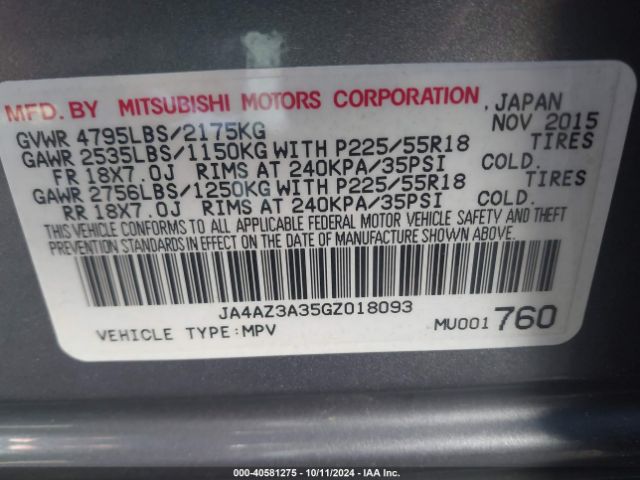 JA4AZ3A35GZ018093 Mitsubishi Outlander Sel