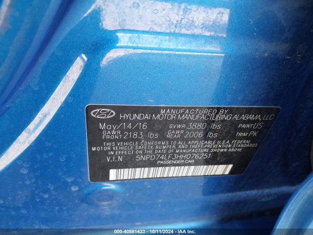 Hyundai ELANTRA SE 2017 5NPD74LF3HH076251 Image 9