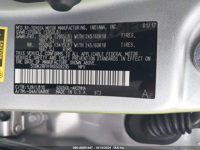Toyota Highlander Xle 2017 5TDKZRFH1HS509295 Image 9