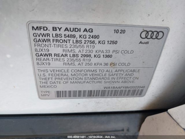 WA1BAAFY8M2022048 Audi Q5 Premium Plus 45 Tfsi Quattro S Tronic