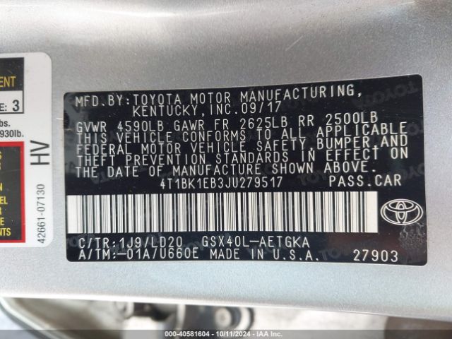4T1BK1EB3JU279517 Toyota AVALON XLE