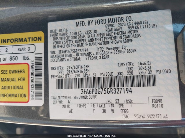 Ford FUSION S 2016 3FA6P0G75GR327194 Image 9