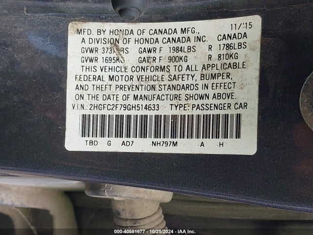 Honda CIVIC EX 2016 2HGFC2F79GH514633 Image 9