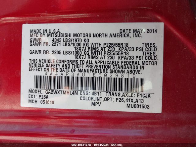 2014 MITSUBISHI OUTLANDER SPORT 4A4AP3AU1EE029819 Photo 8