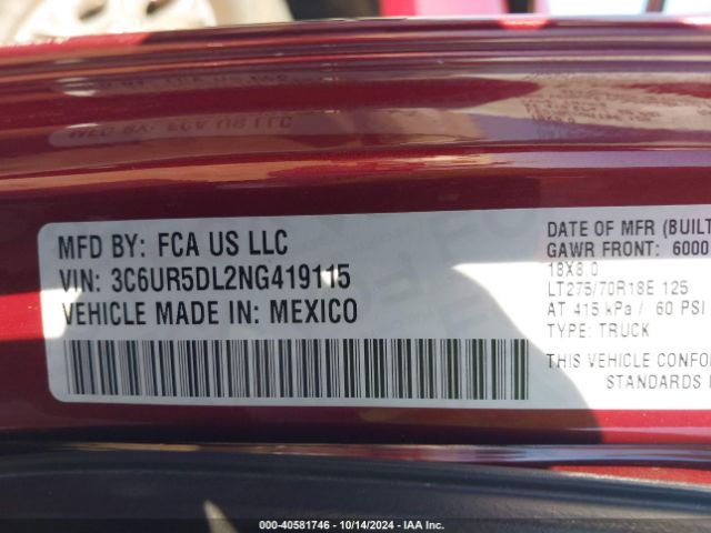 3C6UR5DL2NG419115 RAM 2500 Big Horn  4x4 6'4 Box