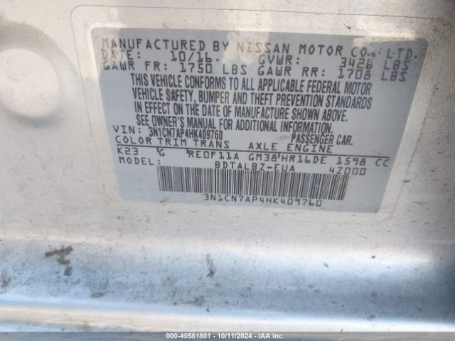 3N1CN7AP4HK409760 Nissan Versa 1.6 S/1.6 S+/1.6 Sl/1.6 Sv