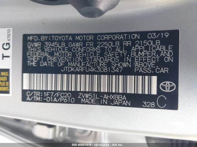 Toyota Prius L Eco 2019 JTDKARFU4K3081347 Image 9