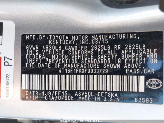 Toyota CAMRY SE 2015 4T1BF1FKXFU933729 Image 9