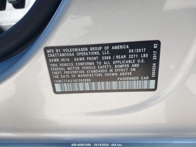 1VWCT7A31HC062696 Volkswagen Passat 1.8t Sel Premium