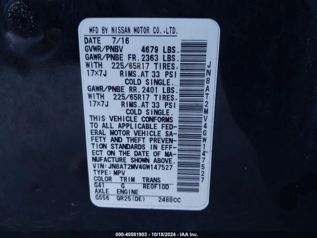 Nissan ROGUE SV 2016 JN8AT2MV4GW147527 Image 9