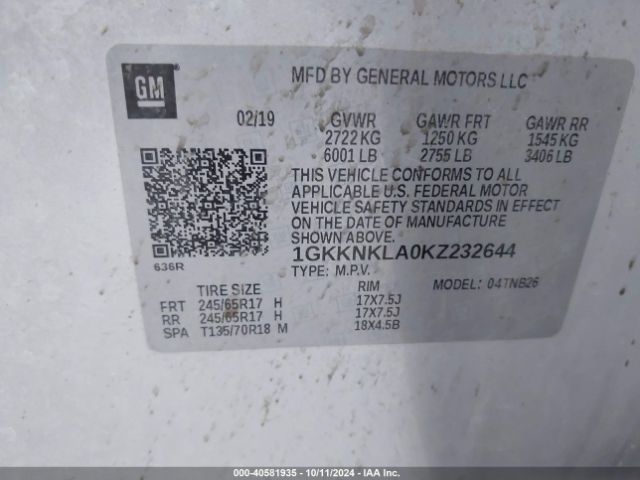 1GKKNKLA0KZ232644 GMC Acadia Sle-1