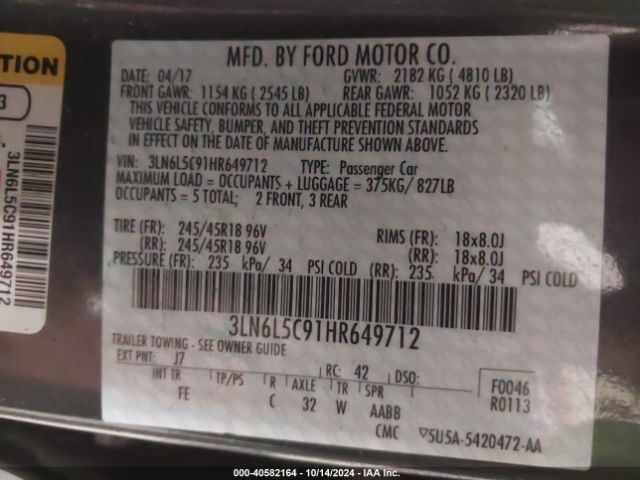 3LN6L5C91HR649712 Lincoln MKZ SELECT