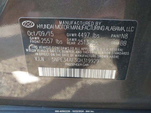 Hyundai Sonata Limited 2016 5NPE34AF3GH319929 Image 9